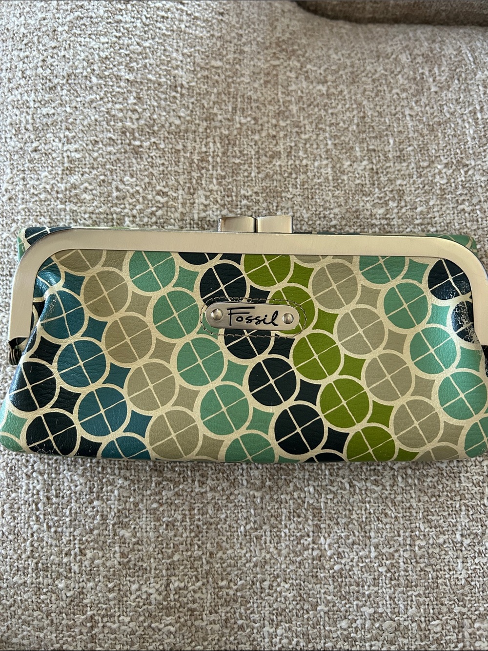 Vintage Fossil Teal Green Navy Circular-Pattern Wallet/Clutch